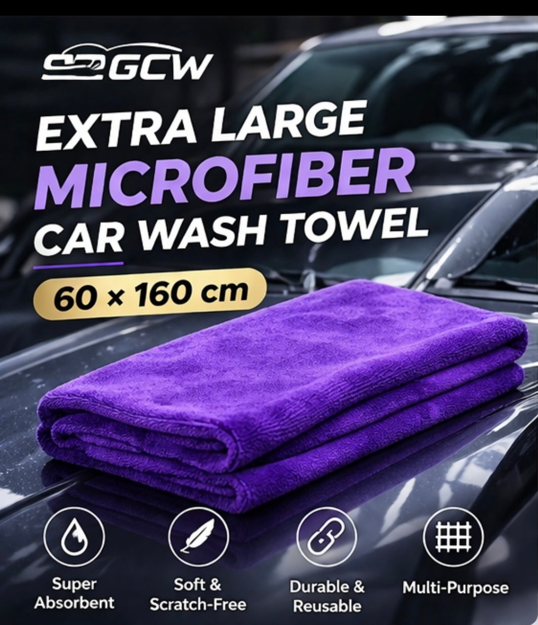 GCW Extra Large Microfiber Car Wash Towel 60x160cm | Super Absorbent Drying Cloth | Car Detailing Towel