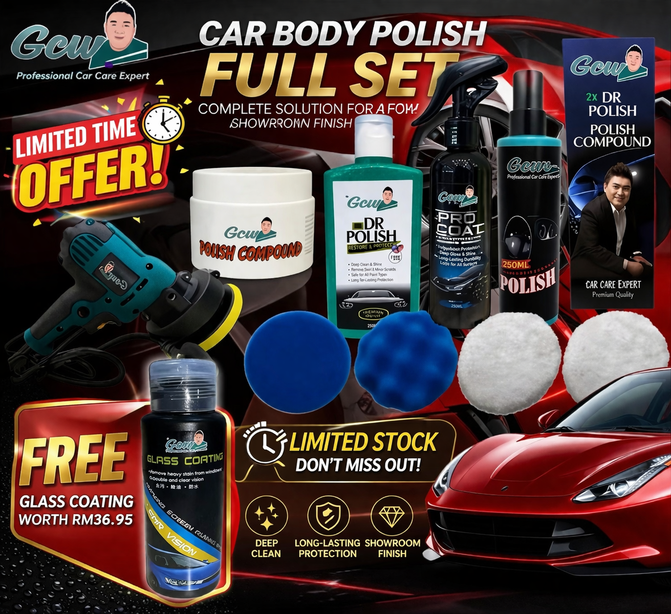 GCW(SET 2)FULL SET CAR BODY+WINDSCREEN POLISH+DASHBOARD POLISH♥️FREE MECHINE