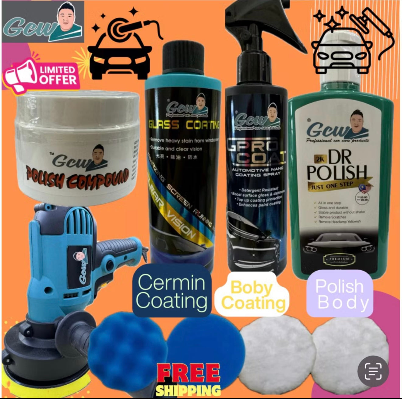 GCW(FB SET)BODY AND WINDSCREEN COATING SET🔥FREE POLISH MECHINE🔥