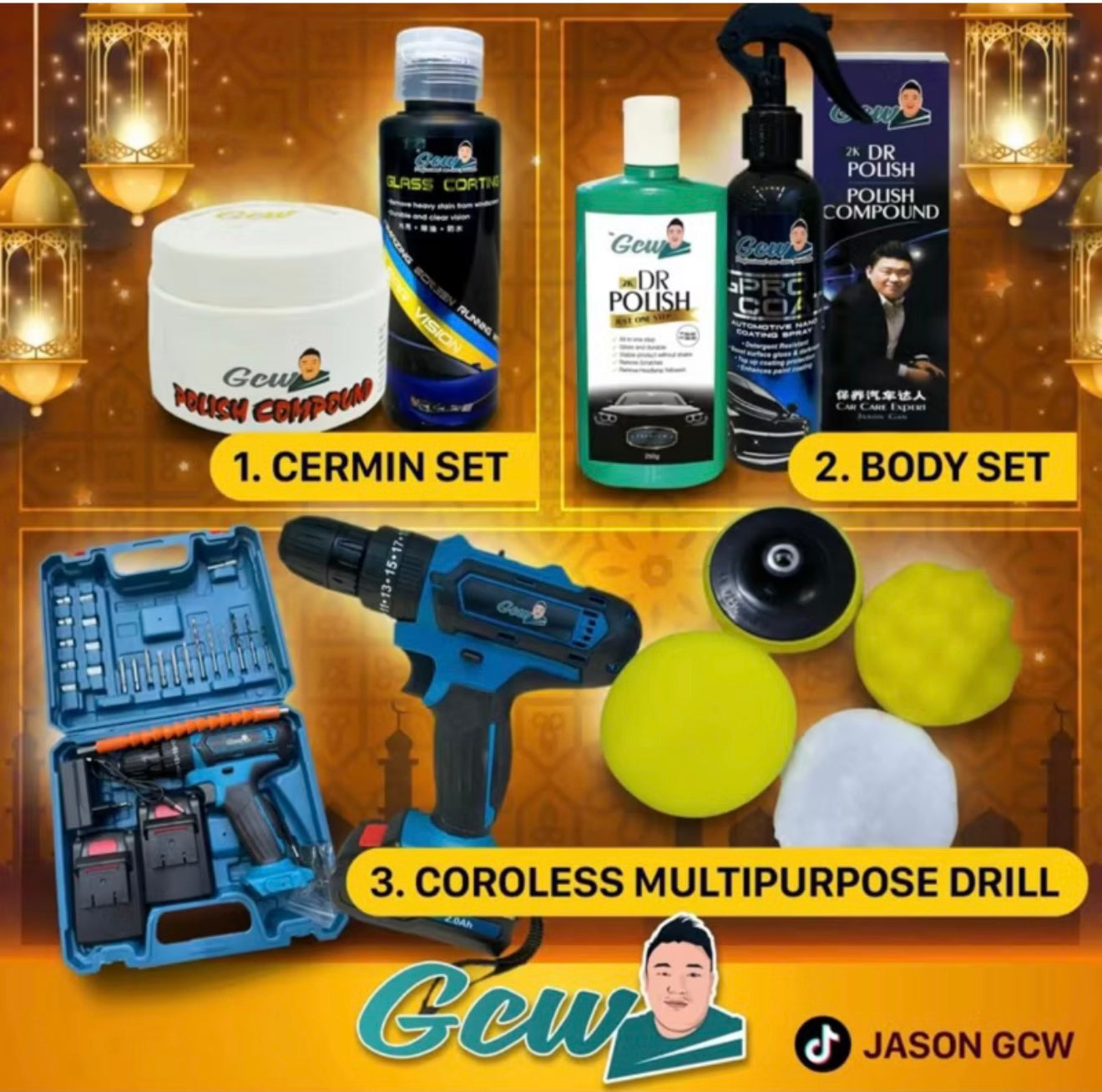 GCW(SET8)POLISH SET WITH CORDLESS IMPACT DRILL SCREWDRIVER 2 BATTERY 21V 3 MODE WITH LED LIGHT